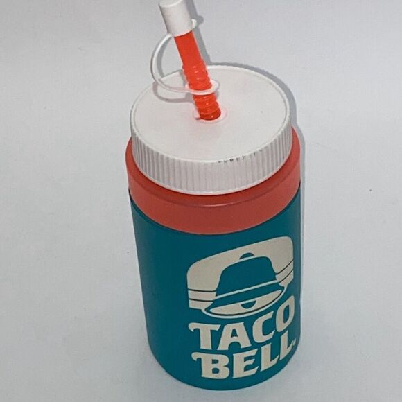 Taco Bell Multicolor 1990's Water Plastic Bottle with Foam Insulation and Straw - Picture 4 of 9
